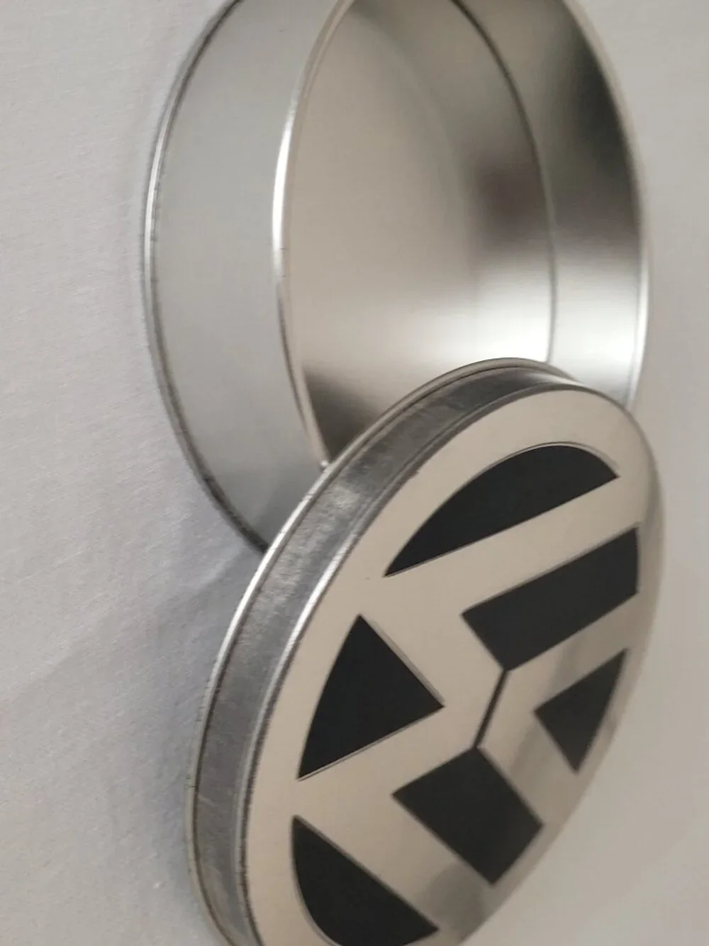 VW Volkswagen Tin Metal Rounf Container Silver & Black